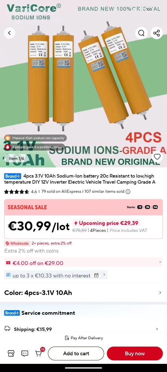 a screenshot of the aliexpress app, showing a lot of 4 10 amp-hour yellow "grade A" sodium ion batteries for sale at 30.99€ per lot (excl 16€ shipping).
the cells look slightly different than lithium ones, having a tap/pole sticking out on both ends for connecting the batteries