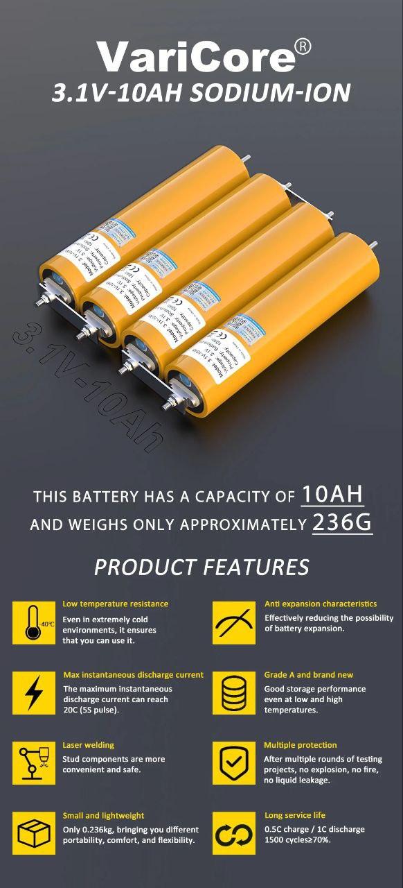 a product feature page of the Varicore 3.1V 10Ah Sodium-Iom batteries. it says:
- they weigh 236 grams for 10Ah. 
- works in cold conditions down to -40C
- the discharge rate can be as much as 55C in pulses, 20C continuous
- 70%+ capacity after 1500+ charging cycles at 0.5/1C