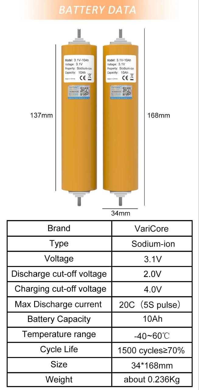 spec sheet
the batteries are 137*34mm, 168mm long if you include the studs

Brand: Varicore
Type: Sodium-Ion
nominal voltage: 3.1v
low cut off voltage: 2v
high cut off voltage: 4v
discharge current: 20C (5S pulse)
battery capacity: 10Ah
temperature range: -40 to +60 celsius
Cycle life: 1500 cycles >70%
weight: 0.236kg