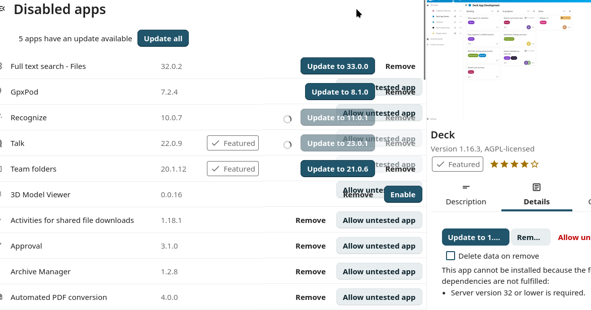 in the disabled app overview in Nextcloud, buttons overlapping each other as it seems to try updating things