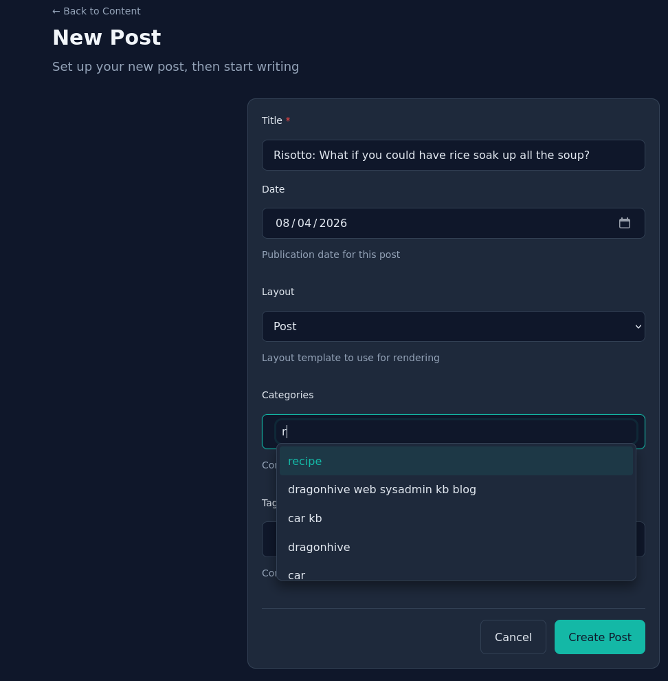 screenshot of the new post screen where the risotto title and details are filled in