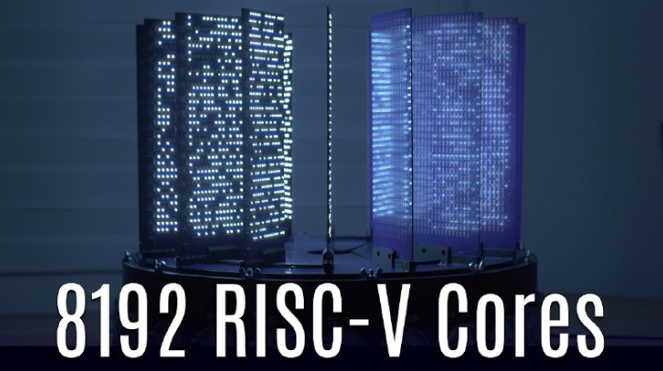 the thumbnail of the video, which shows a set of 12 upright "blade" boards filled with little glowing pixels, as each MCU has a little LED of its own. The dark blue-ish theme of the image give it a very cyberpunk asthetic. Below it, there's a large caption that reads "8192 RISC-V Cores"